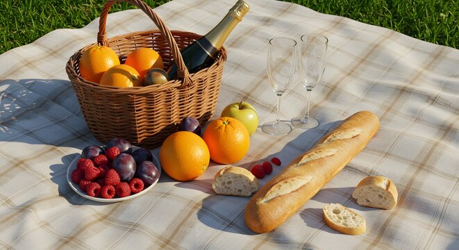 Summer Picnic Delights: A basket overflowing with fresh fruits and a bottle of champagne rests on a checkered blanket, ready for a relaxed summer picnic, capturing the essence of carefree indulgence. - Powered by Adobe