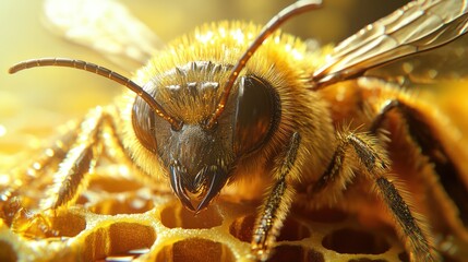 Detailed close up photograph of a honeybee insect on honeycomb