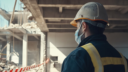 A demolition expert inspecting an old building before controlled detonation. Featuring expertise and caution
