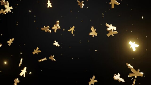 Falling Golden Chinese Yuan Symbols on Dark Background &ndash; 3D Illustration