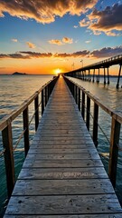 Obraz premium Serene sunset view over calm ocean waters, showcasing a long wooden pier extending towards the horizon. The sky displays vibrant orange and blue hues.