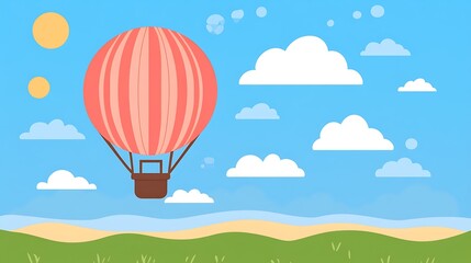 A playful hot air balloon floats above a serene landscape.