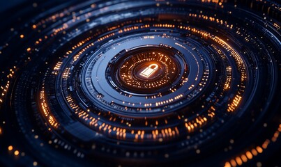 Futuristic security system with glowing padlock