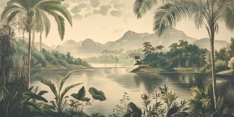 Wallpaper serene tropical landscape painting in pastel tones