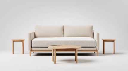 Beige fabric sofa with light wood legs and matching side tables, larger circular coffee table, set against a minimalist white background interior design
