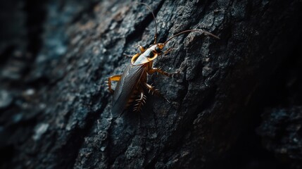 A detailed macro image of a cockroach on tree bark
