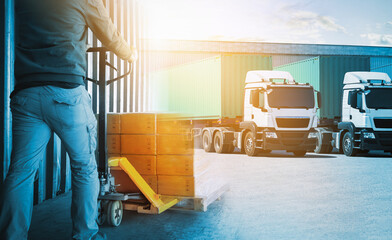 Double Exposure of Logistics Transport Concept. Workers Loading a Package Boxes inside Shipping...