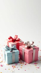 Obraz premium Colorful gift boxes with confetti on white background, celebrating anniversary , confetti, occasion, surprise