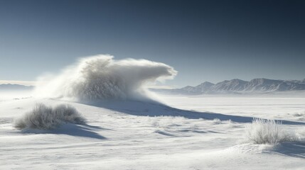 White Winter Landscape with Snowdrift and Distant Mountains