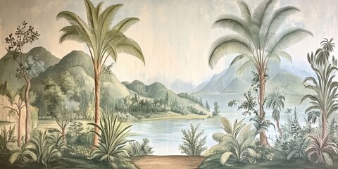 Fototapeta premium Wallpaper serene tropical landscape painting in pastel tones
