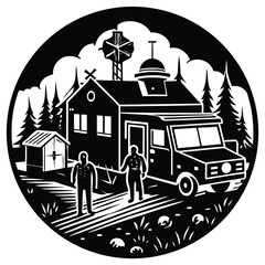 Black and White Woodcut Illustration of RV, Two Figures, and Forested Landscape Scene