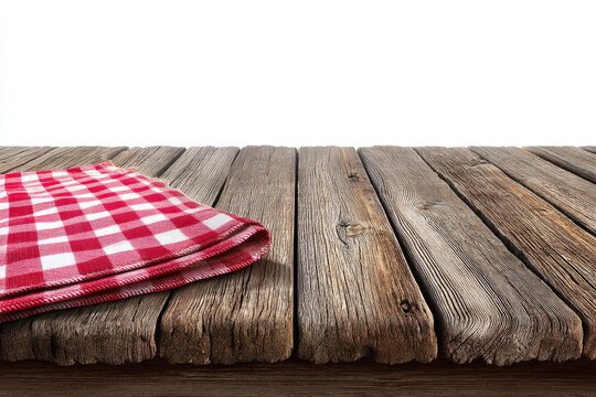 Rustic wooden table with red checkered cloth