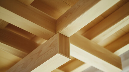 Carpenter installing wooden beams in a ceiling framework. Featuring carpentry and homebuilding