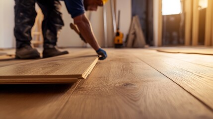 Carpenter installing wooden flooring. Indoor home renovation site