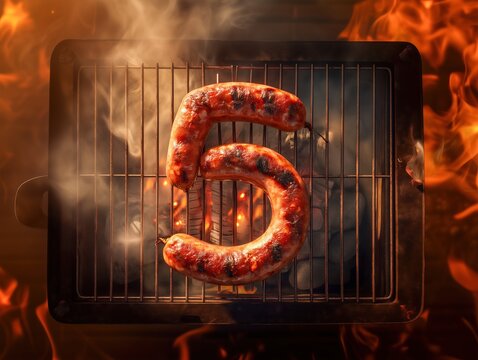 Sausage creatively shaped as the number five grilling over fiery barbecue flames with smoke and glowing heat ambiance - Powered by Adobe
