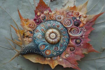 Ornate snail sculpture on autumn leaf