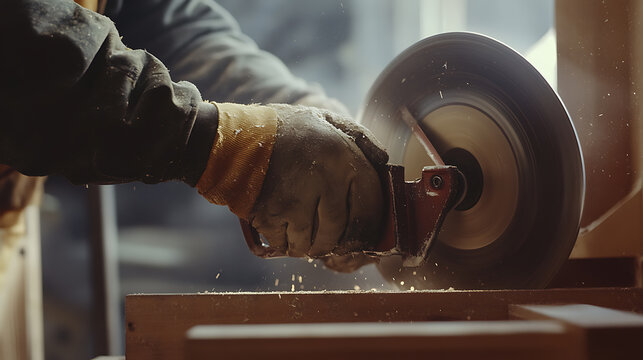 Carpenter measuring and cutting wood for a custom cabinet. Featuring woodworking and precision