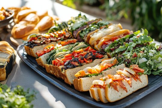 Vegetarian sandwiches on a tray featuring a colorful display of assorted toppings. Perfect for showcasing healthy food and fresh ingredients at catering services. - Powered by Adobe