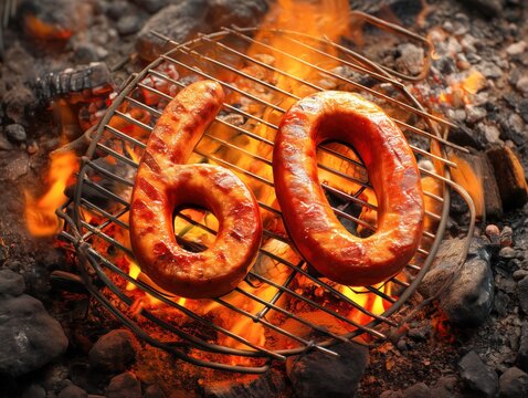 Grilled sausages artistically shaped into the number sixty sizzling over an open fire pit on rustic coals with glowing embers and smoke