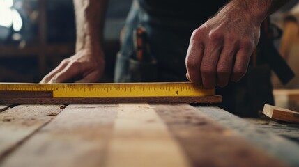 Carpenter measuring wood for a project. Indoor workshop