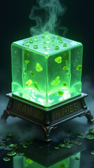 Obraz premium A crystal dice contains glowing Elixir of Life with floating herbs. Rune-carved pedestal and mercury reflections enhance this HD mysticism.