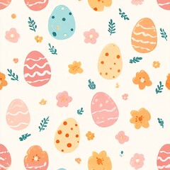 Cheerful Cartoon Easter Pattern with Decorated Eggs and Spring Blooms