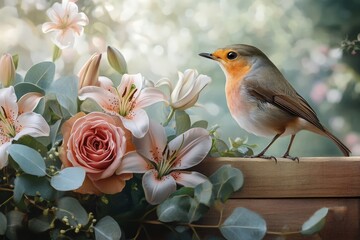Rustic robin perched amidst a bouquet of blossoms.