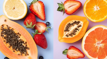 Vibrant assortment of tropical fruits with contrasting pastel background split tone