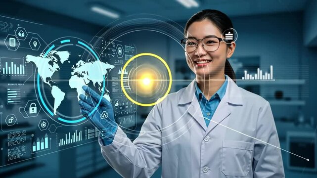Woman in lab coat interacting with digital world map and data interface smiling brightl y