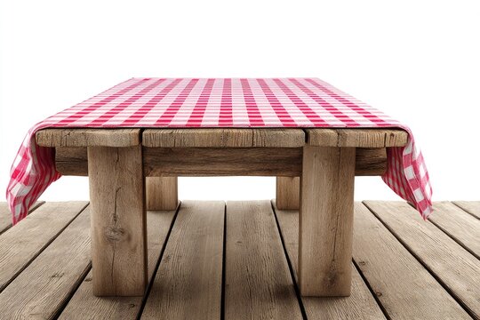 Wooden picnic table with red checkered tablecloth
