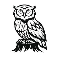 Owl on Stump, Wildlife Illustration, Bird of Prey Icon, Detailed Plumage, Black and White