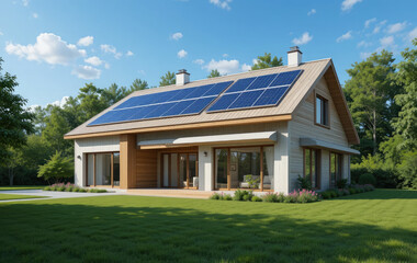 Obraz premium Modern Eco-Friendly Passive House with Solar Panels on Roof and Sustainable Architecture.
