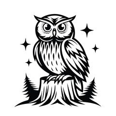 Owl on Tree Stump, Forest Trees and Stars Silhouette Black and White Mystical Logo