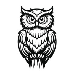 Owl Silhouette Illustration, Bird of Prey, Detailed Feathers, Black and White Art