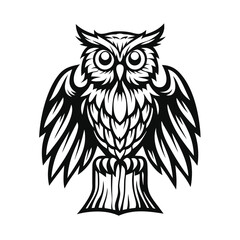 Owl Perched On Stump Black And White, Monochromatic Bird Art, Bold Design