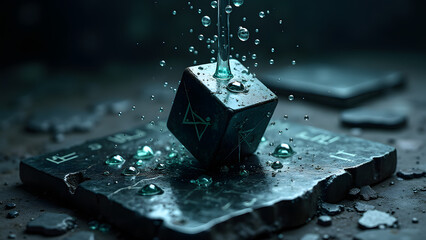 Liquid mercury shapes a crumbling dice on an obsidian slab, droplets floating eerily. Alchemical equations complete this HD surreal scene.