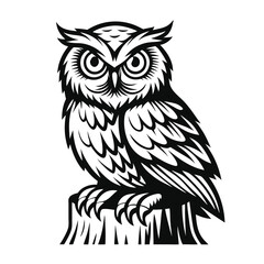 Owl Silhouette on Stump Monochrome Wildlife Bird with Detailed Feather Pattern Design