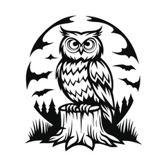 Owl Sitting On A Stump Against a Night Sky Silhouette with Bats Flying Around