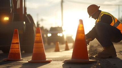 A road construction worker setting up traffic cones at a construction zone. Featuring safety and organization