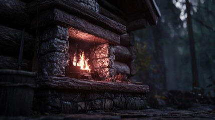 Cozy cabin fireplace in a misty forest; warm fire, rustic wood, forest ambiance