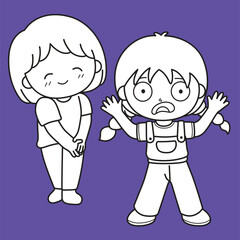 Cute Kids Girl and Boy Learning Face Expression Emotion Feeling Cartoon Digital Stamp Outline