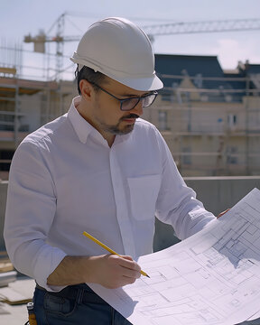 Civil engineer reviewing architectural blueprints at a construction site. Featuring focus and planning