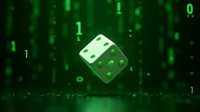 A white dice falls through Matrix-style green digital rain, flickering numbers. Binary code droplets glow in a dark void. Cyberpunk surrealism in 8K.