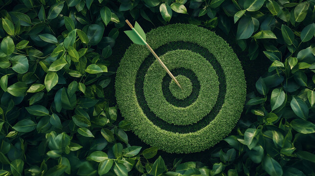 Arrow hitting green target on leafy background: sustainable goals