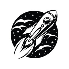Retro Rocket Ship Launching to Space with Stars, Flames in Black and White Style
