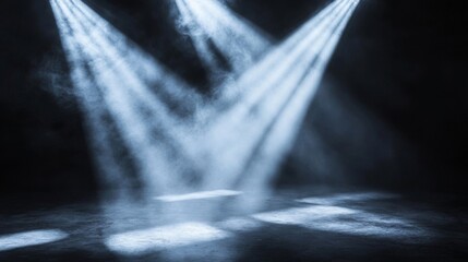 Blue Spotlights Illuminate Empty Stage Platform