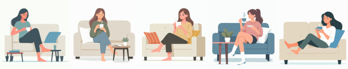 Vector collection of a woman relaxing on a sofa while enjoying a drink and reading or using an electronic device.