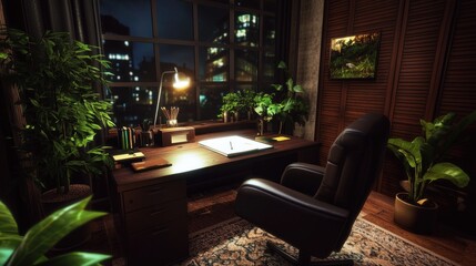 Night study room with city view and plants