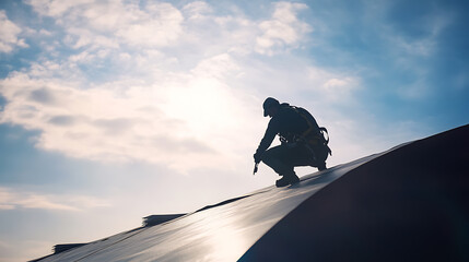 A roofing specialist applying waterproof underlayment on a sloped roof. Featuring precision and safety