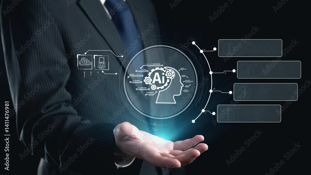 Poster human interact with ai artificial intelligence brain processor in concept of ai artificial intellige
